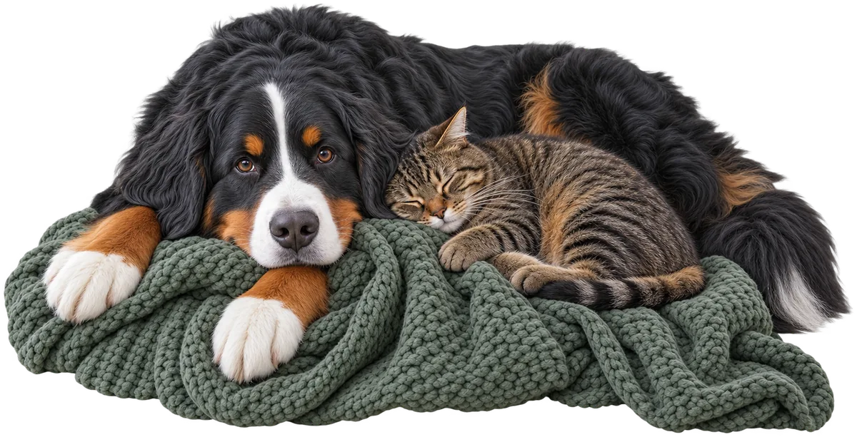 Berner Sennenhund und Katze auf grüner Decke