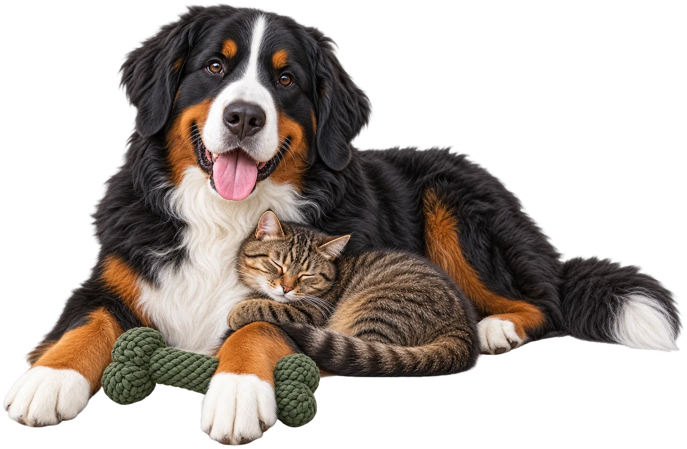 Berner Sennenhund und Tigerkatze kuscheln
