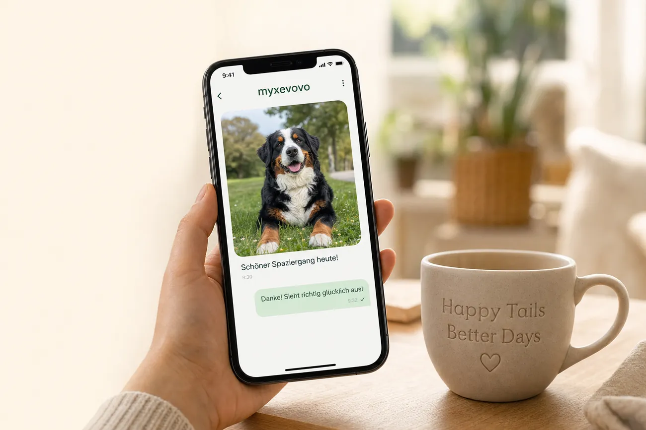 Hand hält Smartphone mit Foto-Update eines Berner Sennenhunds