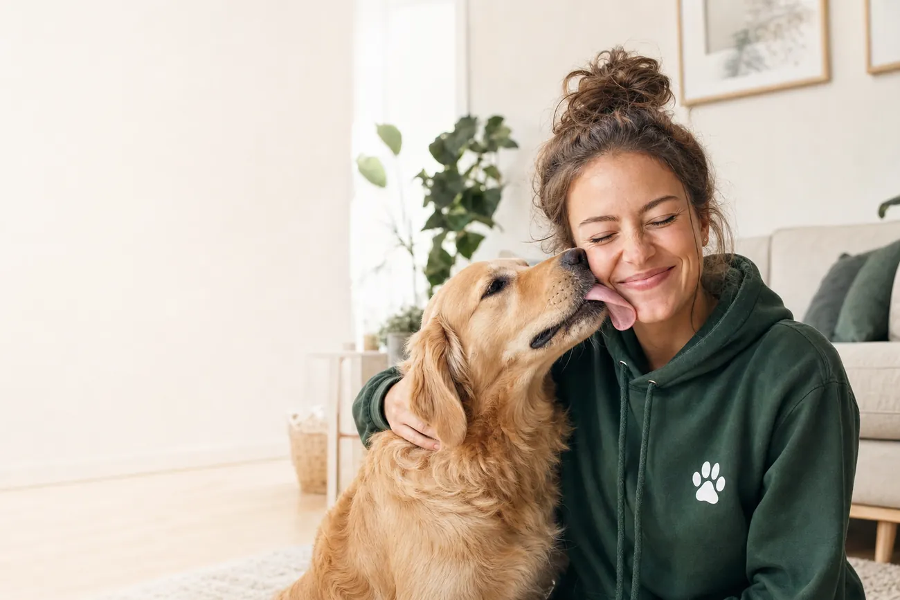 Frau im grünen Hoodie kuschelt mit Golden Retriever